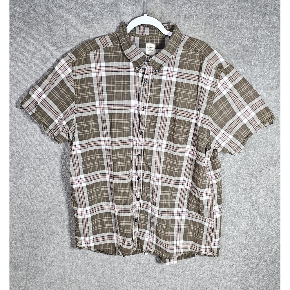 Old Navy Button Down Shirt Mens Size XXL Brown Plaid Short Sleeve Chest Pocket‎